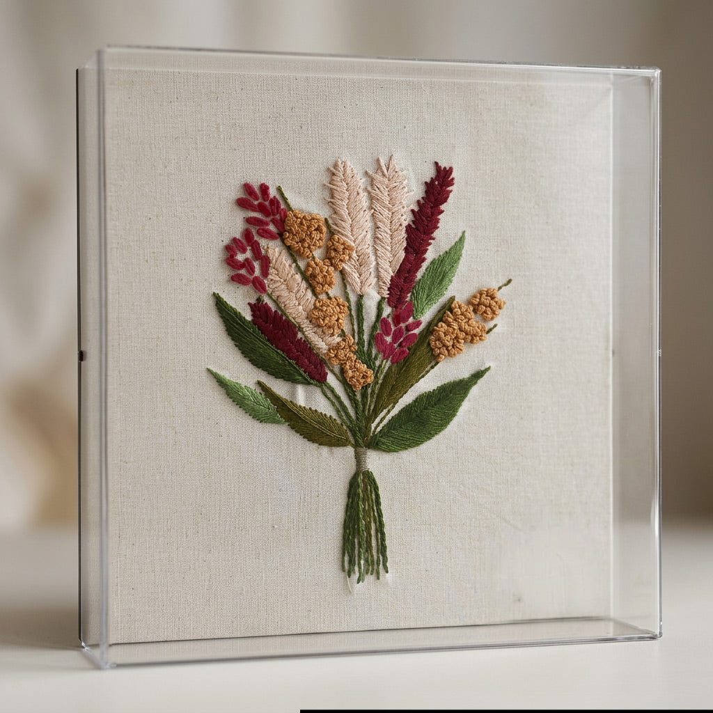 Caixa Acrílica Bordado Buquê de Flor | 20 x 20 cm