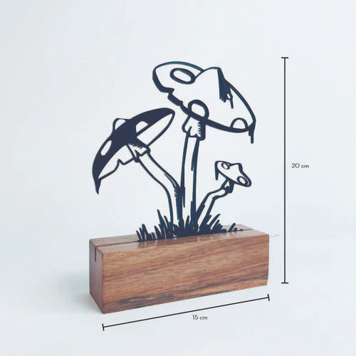 Escultura Decorativa com Base de Madeira - Cogumelos