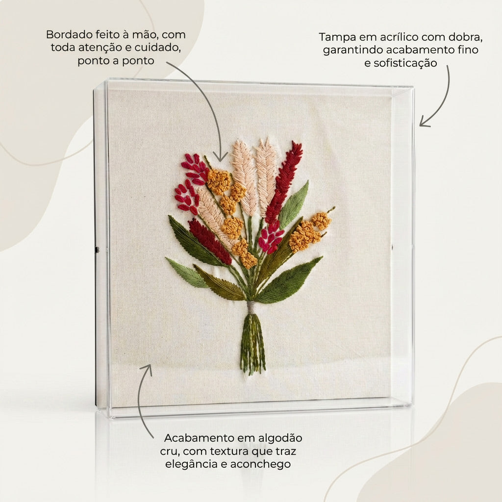 Caixa Acrílica Bordado Buquê de Flor | 20 x 20 cm