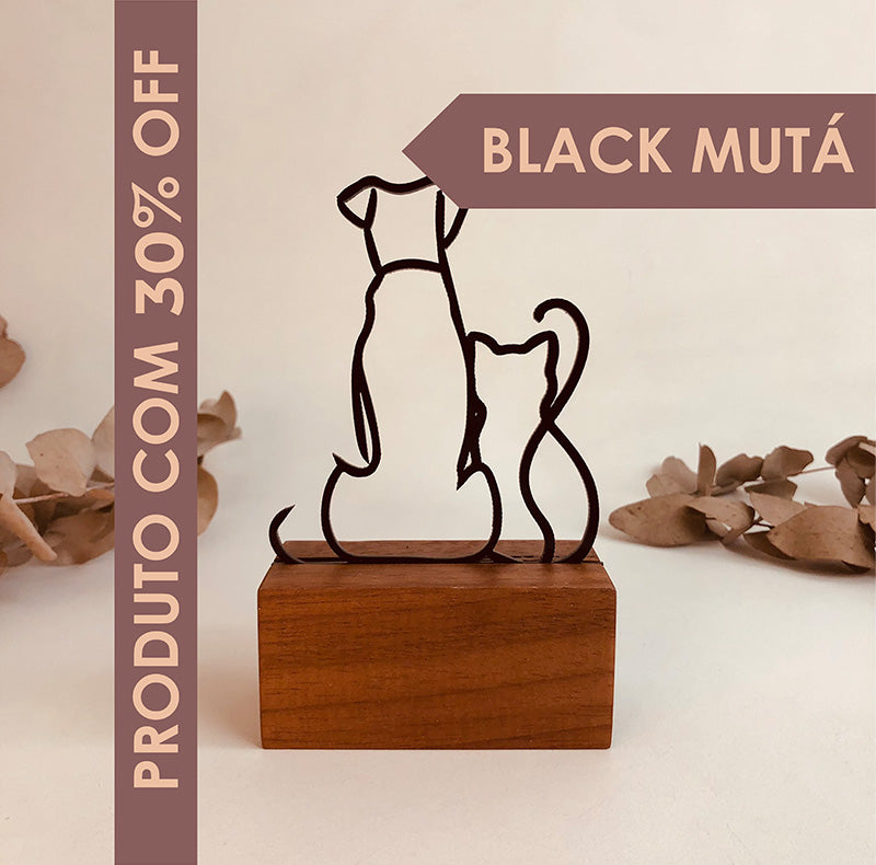 Escultura Decorativa Com  Base De Madeira Cão E Gato