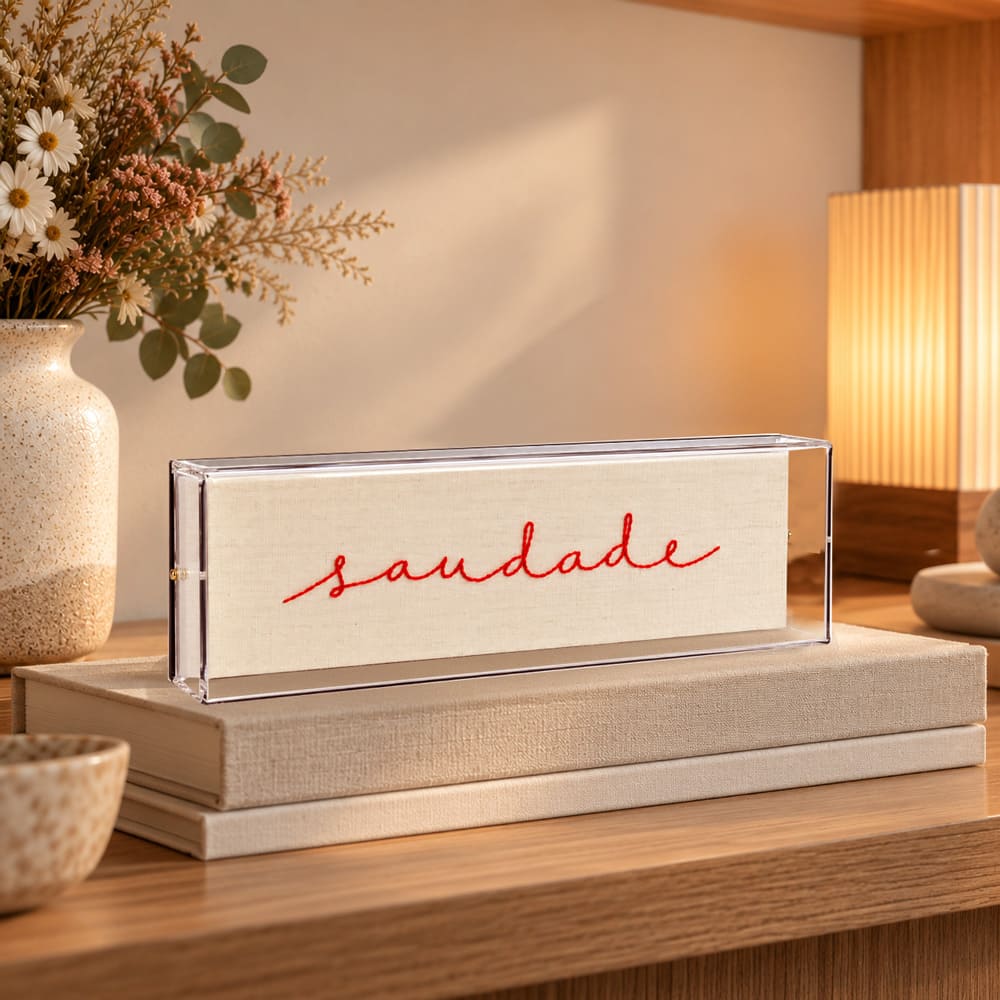Caixa Acrílica com Bordado Saudade | 23 x 7 cm