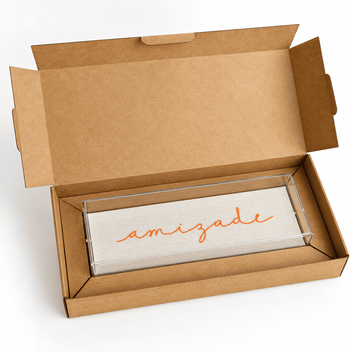 Caixa Acrílica com Bordado Amizade | 23 x 7 cm