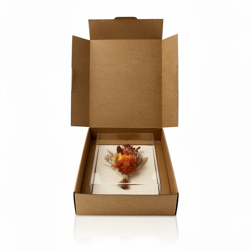 Caixa de Acrílico Buquê Flores Secas Laranja | 15 x 20cm - Personalize na hora!