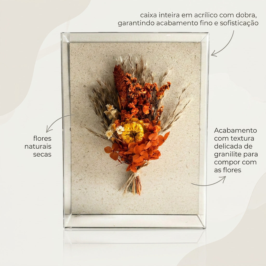 Caixa de Acrílico Buquê Flores Secas Laranja | 15 x 20cm