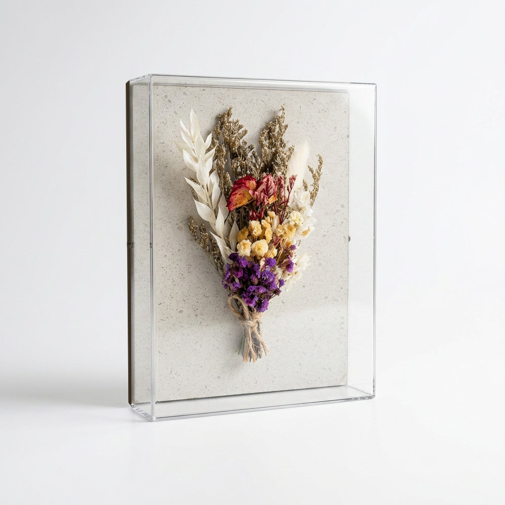 Caixa de Acrílico Buquê Flores Secas Roxa | 15 x 20cm