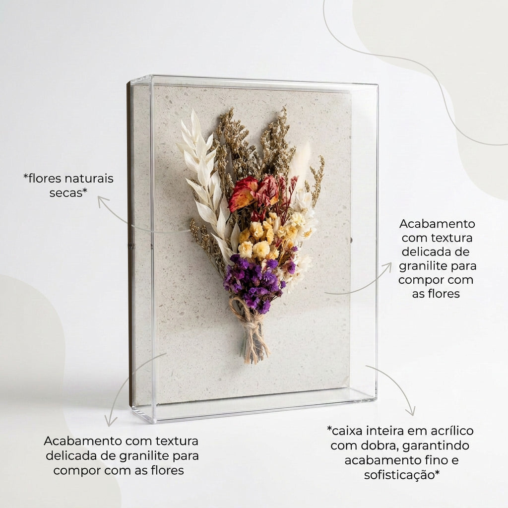 Caixa de Acrílico Buquê Flores Secas Roxa | 15 x 20cm