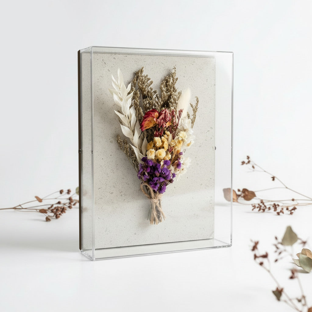 Caixa de Acrílico Buquê Flores Secas Roxa | 15 x 20cm - Personalize na hora!