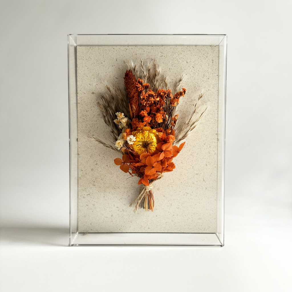 Caixa de Acrílico Buquê Flores Secas Laranja | 15 x 20cm
