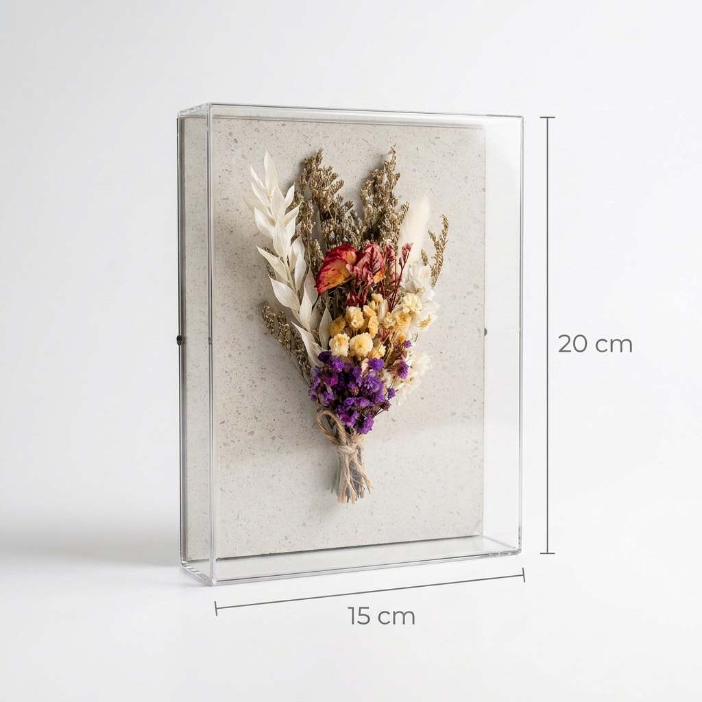 Caixa de Acrílico Buquê Flores Secas Roxa | 15 x 20cm