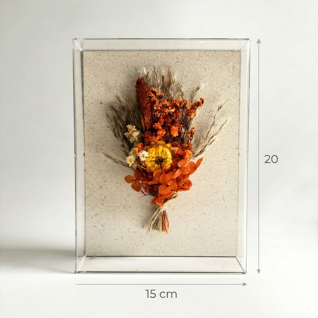 Caixa de Acrílico Buquê Flores Secas Laranja | 15 x 20cm